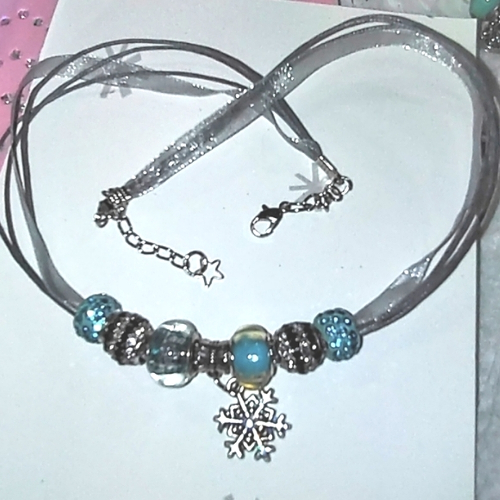 Beaded Necklace Snowflake on Ribbon cord